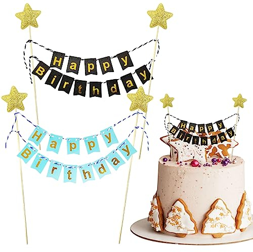 2 Stück „Happy Birthday“-Kuchenaufsatz, Banner, Wimpelkette, Kuchenaufsatz, Glitzer-Kuchenaufsatz, goldener Stern, Geburtstagskuchenaufsatz, Wimpelkette für Kuchen, Cupcake, Party (schwarz und blau)
