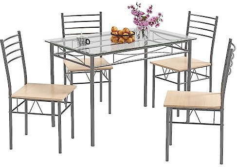 COSTWAY 5 teiliges Esstisch Set, Essgruppe aus Glas mit 4 Stühlen & Metallrahmen, Küchentisch Esszimmergruppe 4 Personen platzsparend für Küche, Restaurant