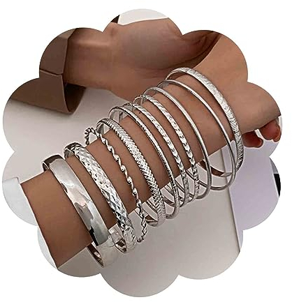 Aneneiceera Punk-Armreif, geschichtet, Set, Silber, klobiger Armreif mehrlagiger strukturierter Armbänder, klobiger gehämmerter breiter Armbänder, Schmuck für Frauen und Mädchen, 10 Stück (Silber)
