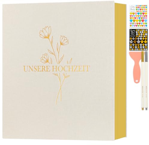 Lanpn Selbstklebendes Hochzeitsalbum Einkleben Fotobuch, Leinen Groß Weiße Seiten Hochzeit Fotoalbum zum Selbstgestalten mit Stift 10x15 13x18 Fotos Bilder (Große,40 Blatt/80 Seiten,Beige)