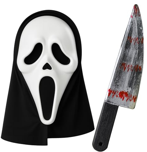 Moonlight Fright Masque de Fantôme Hurlant avec Faux Couteau en Plastique – Costume Halloween Homme Adulte Style Scream avec Masque et Couteau Ensanglanté – Accessoires de Déguisement Halloween