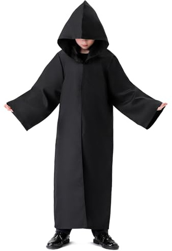 Banchif Svart cape tunika med huva för barn, cosplay, karneval, pojke, medeltida kostym, barndräkt (svart, 150)