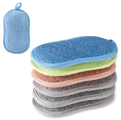 Spugna lavabile in microfibra, 6 pezzi di spugna double face da cucina, riutilizzabile, un lato ruvido e morbido per pentole, padelle, stoviglie