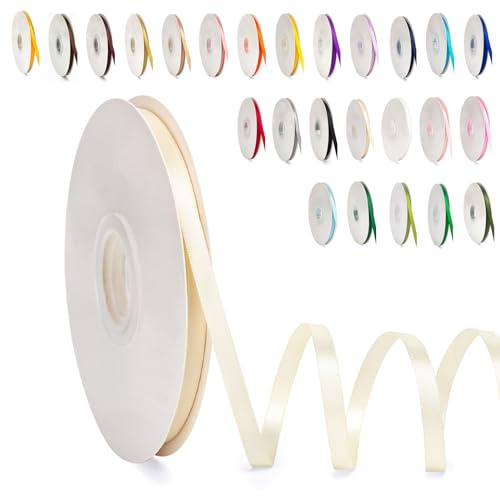 0.6CM Schleifenband Cremefarben, 6mm x 91m Polyester Satinband Dekoration Geschenkband Stoffband Seidenbänder für Heimwerkerkunst DIY-Handwerk, Geschenk Verpackung, Schleifen, Hochzeitsdekoration