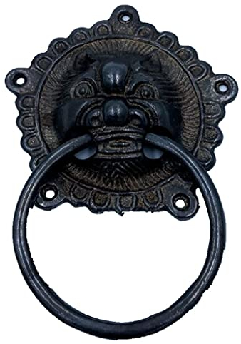 SANZHEN Türklingel aus Gusseisen, antiker Holztürgriff, Türklopfer, Löwenkopf, Griffe, Gusseisen, schwarzer Ringgriff, Knöpfe