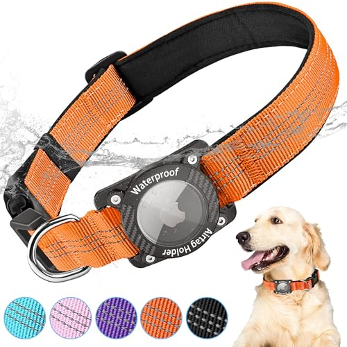 AgoumLux Airtag Hundehalsband mit Airtag Hülle Wasserdicht, GPS Tracker für Hunde Kompatibel mit Apple Air Tag Halsband für Kleine, Mittlere und Große Hunde, Orange, S