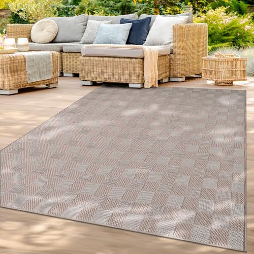 TT Home In-& Outdoorteppich Wetterfest Terrasse Balkon Esszimmer Geometrische Optik Boho Skandi Muster Unifarben Modern, Farbe:Beige Weiß Creme, Größe:120x160 cm