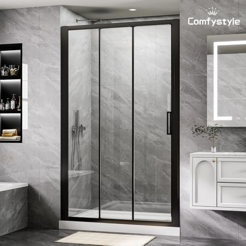 ComfyStyle 44-48 W x70 H Triple Sliding Shower Door with Large 24 1/4 Walk-in Opening, Glass Shower Doors with 1/4 (6mm) Clear SGCC Tempered Glass, Matte Black Finish, Reversible Installation