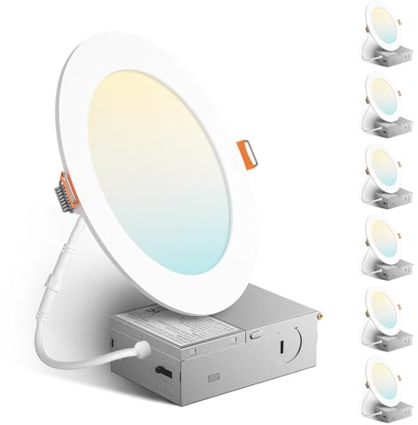 Amico 6 Pack 6 Inch 5CCT Ultra-Thin LED Recessed Ceiling Light with Metal Junction Box, 2700K-5000K Selectable, 12W Eqv 110W, Dimmable Canless Wafer Downlight with Plastic Trim, 1050 Lumens -ETL&FCC