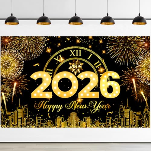Bannière Nouvel An 2026, 180 x 110cm Happy New Year 2026 Bannière Noir Or, Fond Décoration du Nouvel An 2026 pour Fête de Nouvel An