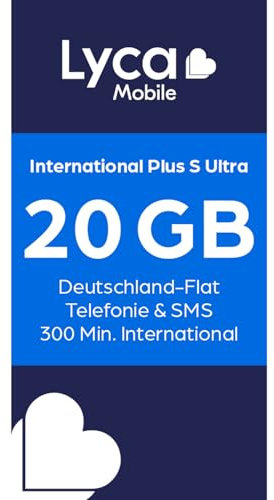 Lycamobile Lyca Mobile International Plus S Ultra Prepaid SIM Karte ohne Vertrag inkl. 20 GB Datenvolumen