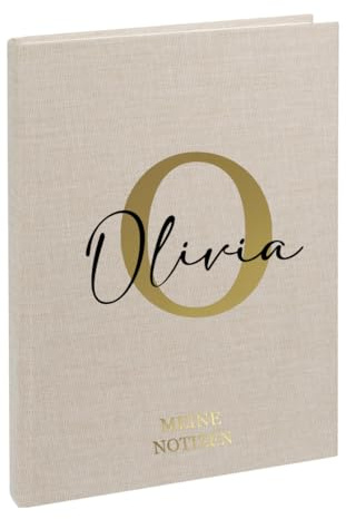 AWASG Notizbuch A5 – Personalisiert mit Name – Notizheft 200 Seiten dotted – Leinencover Grammatur 100g/m² - Buchstabe Initiale (beige)