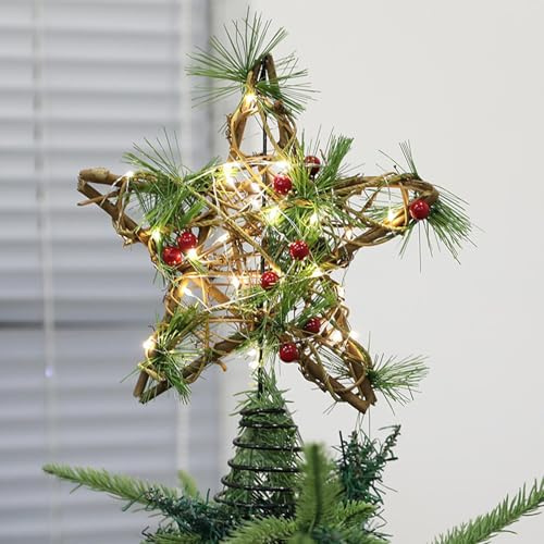 Weihnachtsbaumspitze Stern, Christbaumspitze Stern Holz Mit Künstlicher Tannenzweigen Und Beeren, Rustikale Baumspitze Stern, Beleuchtete Tannenbaum Stern Spitze Weihnachtsbaumdeko