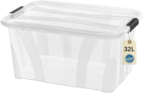 Aufbewahrungsboxen mit Deckel, 7L 14L 21L 32L 55L 80L Plastik Boxen Klickverschluss Stapelboxen 1er/3er Sets, BPA-frei, Transparent - Küche & Haushalt & Block (1er 32-Liter & 1x HLKauf-Block)