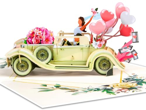 GREETING ART Just Married Car Wedding Card, 3D Pop Up Wedding Greeting Card Gifts for Bride Groom, Congratulations Greeting Cards for Anniversary, Valentine's Day, Bridal Shower, Engagement