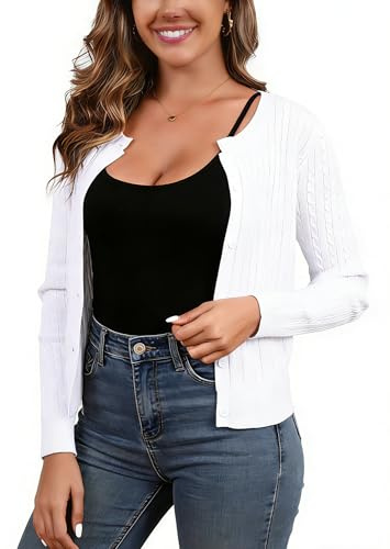 Damväst kort stickad cardigan boléro långärmad för klänning t-shirt chic elegant kväll fest avslappnad vintage, Vitt och blått, M