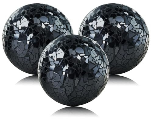 Yazikisa Decorative Balls for Centerpiece Bowls Black Mosaic Glass Orbs Sphere Crack Ball Mirror Globe Sparkle Coffee Table Decor Vase Filler Home Christmas 3 Pcs 3.35 Inch