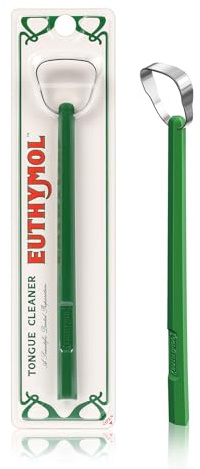 Euthymol Tongue Cleaner – Stainless Steel, 14° Neck Angle for Enhanced Tongue Cleaning, Minimizes Gag Reflex, Helps Reduce Bad Breath, 12-Hour Fresh Breath, Easy to Use – 1 Pack