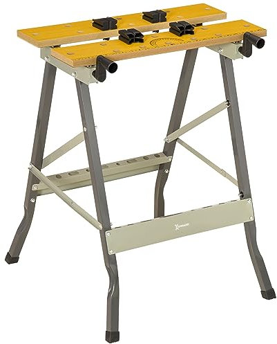 DURHAND Banco de Trabajo Plegable con 4 mordazas Mesa de Trabajo Caballete de Sierra, Carga 100 kg, Estructura de Acero, encimera para Obra Taller Garaje, 62,5x60,5x78,5cm, Gris