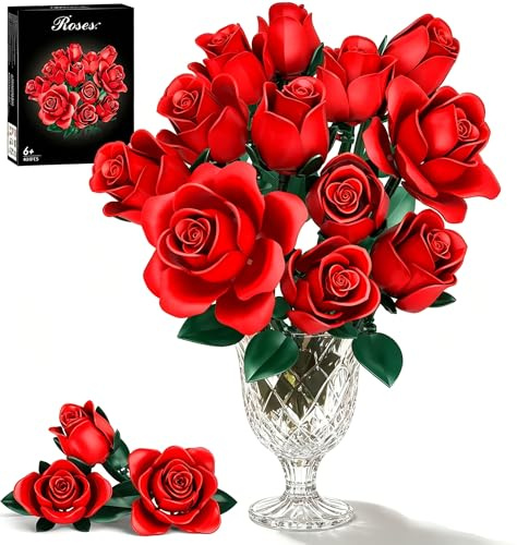 Rose Flowers Bouquet Building Set, 12 Red Roses Artificial Flowers Botanical Collection Building Blocks Kit for Adults Women Girls, DIY Gift for Anniversaries, Birthdays, Mother’s Day & Home Decor