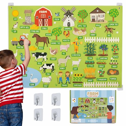 BONNYCO Pizarra de Fieltro con 92 Figuras Animales Granja. Juguetes Niños Montessori y Regalos para Niños 3 a 8 Años. Panel Sensorial Autismo, Juegos Educativos Infantiles, Navidad