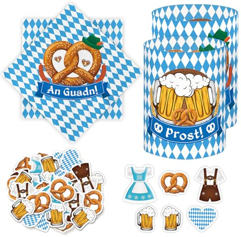 20 Stück Servietten + 12 Windlicht Tischdeko Bayern + 44 Konfetti Streudeko Tisch, Für Oktoberfest Dekoration, Biergarten Geschenk, Bayerische Deko Party Set, Servietten Blau Weiß Grillparty