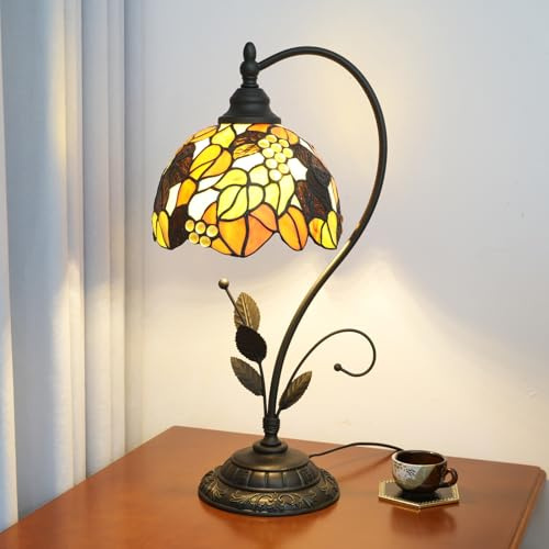 Blivuself Tiffany Tischlampe Orange Trauben Blätter Glasmalerei Lampe Tiffany Stil S Leaves Vintage Schreibtischlampe für Nachttisch Wohnzimmer Büro Schlafsaal Esszimmer