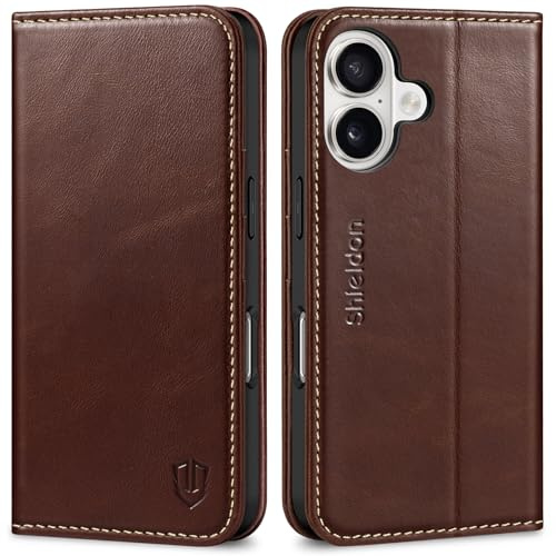 SHIELDON Echtleder Hülle für iPhone 17 6,3 5G 2025, Retro Kaffee | Schutzhülle, Kartenfach, RFID Blocker, Magnetverschluss, Handy-Ösen, Lederhülle, TPU Case, Klapphülle, Cover Etui