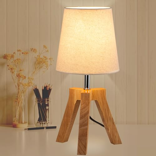 Dreamholder Holz Nachttischlampe, Tripod Schreibtischlampe mit Ein-Aus-Schalter, Nachttischlampe mit Stoffabdeckung zum Lesen, Schlafzimmer, Wohnzimmer, Büro, Naturholz-Basis mit Leinenabdeckung