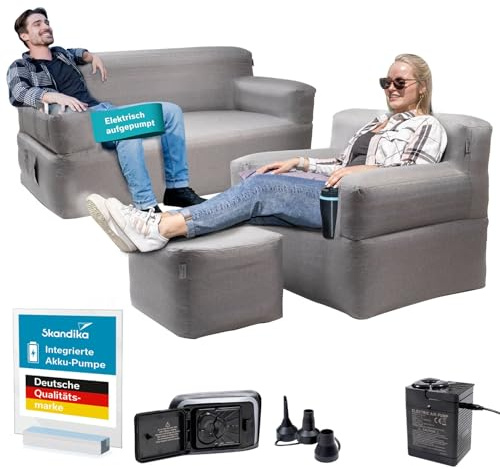 Skandika Luftsofa Easy Air Premium Bundle | Aufblasbares Sofa für 1 & 2 Personen, mit Lufthocker & Elektropumpe, USB-C Ladekabel, 200 kg belastbar, Tragetasche | Luft Couch, Sessel, Camping, Balkon