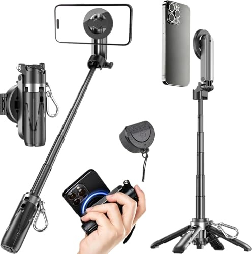 Trépied magnétique Perche à Selfie avec télécommande | Trépied pour téléphone (iPhone/Android) : 12 cm plié, 41,5 cm extensible, inclinaison à 210°, rotation à 360°.