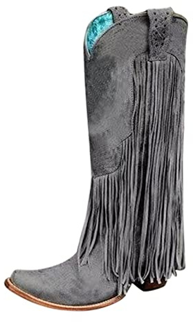 PAIDAXING Bottes western pour femme, coupe large, mollet, genou, haut talon haut avec franges, bottes de cowgirl d'hiver doublées pour femme, 1 gris, 38.5 EU