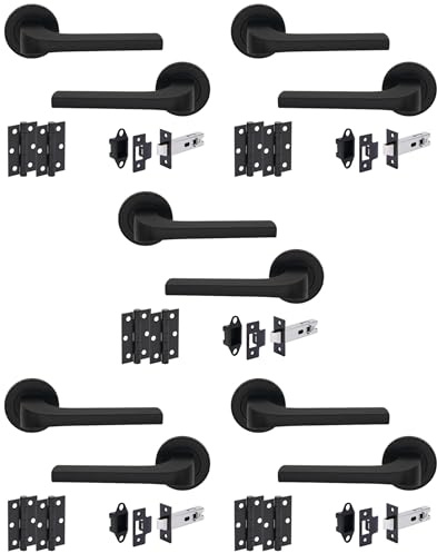 Hunta HANDLEZONE® Vento Matt Black Internal Door Handle Pack - 5 Pack - Lever on Rose Set - 76mm Tubular Latch (57mm Backset) & 2 Ball Bearing Hinges - Passage for Internal Wooden Doors