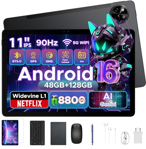 POPUX P11 Tablette Android 16, Tablette 11 Pouces avec 48Go+128Go/2To TF, T7250 Tablette Tactile avec 90Hz Display, 8800mAh, 13 MP+5MP, Gemini AI, Widevine L1, Face ID, 5G WiFi, Stylet, Clavier, Noir