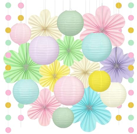 Jafaharug Pastellfarbene Party-Deko, Ghirlanda di Carta con Decorazioni Scintillanti, lampioni sospesi e ventagli Floreali per Compleanni, Baby Shower o Ufficio