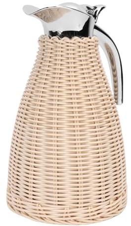 Handwoven Stainless Steel Thermal Coffee Carafe 1.5L, Triple Wall Insulated Jug with Rattan Body for Hot Drinks Home Hosting Beige