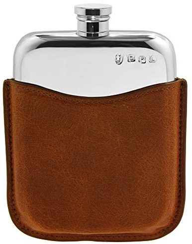 English Pewter Company 6oz Pewter Liquor Hip Flask with Luxury Brown Leather Pouch [PLF01]