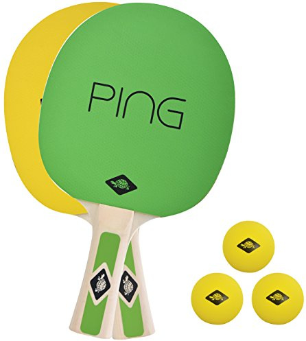Donic-sköldpadda bordtennis-set Ping Pong, 2 klubbor med gröna gula beläggningar, 3 gula bollar, i bärväska, 788486