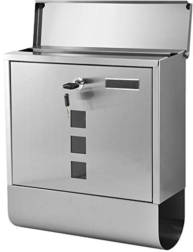 FYZS Mandierter Postkasten aus Edelstahl mit Zeitungsständer und abschließbarer Postfach mit Beobachtungsfenster, Outdoor-Mailbox, 30 * 8.5 * 33 cm (Color : Stainless Steel)
