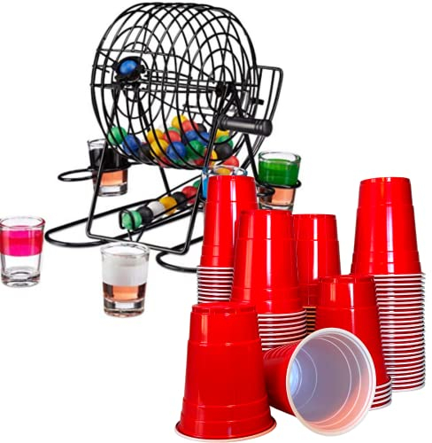 MBP My Beer Pong MYBEERPONG 100 Original Red Cups 16 oz (ca. 500ml) + Party Bingo Lostrommel mit 6 Shot Gläsern | Inkl. 36 Farbige Kugel | Party Spass für Jung und Alt