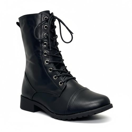ABSOLEX Womens Lace up Round Toe Low Heel Combat Boots, Black, 8