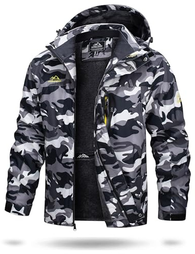 TACVASEN Herren Warme Skijacke Gefütterte Winterjacke Wasserabweisende mit Abnehmbarer Kapuzen (XL, Schwarz-Camo)