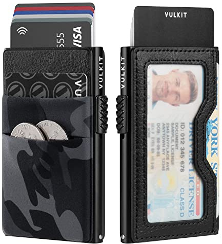 VULKIT Kreditkartenetui mit EDC-Fächern und Ausweisfenster, RFID-blockierende Pop Up Karten Geldbörse Schlanke Metall-Geldbörse