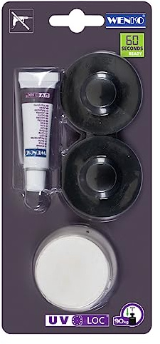 WENKO UV-Loc® Befestigungsset, 2 Adapter passend für verschiedene Drahtserien inkl. Spezialkleber und UV-Lampe, Befestigen ohne Bohren mit innovativem Klebesystem UV-Loc®, je Ø 5 x 1,5 cm, Schwarz