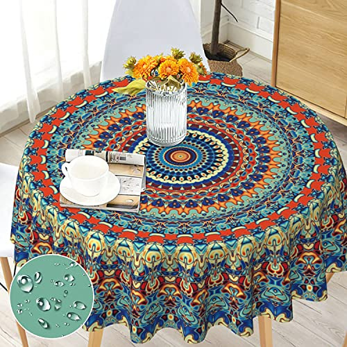 G-dake Round Tablecloth Washable 150cm, Boho Circular Tablecloth Water Resistant Wrinkle Free Mandala Polyester Table Cloth Decorations for Garden Party Dinner Indoor and Outdoor 60 inch (SERE)