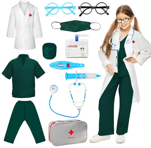 12 pezzi Costume da medico per bambini, gioco di ruoli, costume da medico, vestaglia da laboratorio con stetoscopio occhiali termometro siringa, regali per bambina