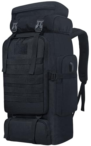 Lizbin Wanderrucksack, 80L militärischer taktischer Rucksack, extra großer Wander-Camping-Rucksack, Wanderrucksack für Männer Frauen, Wander-Tagesrucksäcke, Reiserucksack zum Klettern (Schwarz)