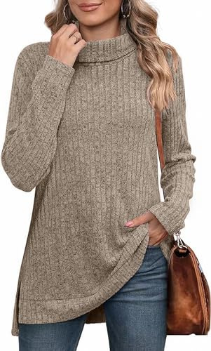 MSIYOW Jersey de Cuello Alto Mujer Invierno Pullover Largo Elegante Suéter Casual Talla Grande(2XL, Beige)