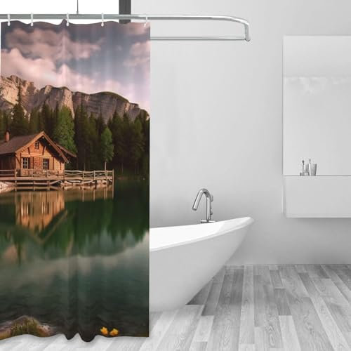 WSOIHFEC Duschvorhang, wasserdichter Stoff, Duschvorhang-Set, Duschvorhang für Badezimmer mit 12 Haken, See und Holz, Landhausstil, Badezimmer-Dekor, Duscheinlage für Badewanne, 152 x 183 cm