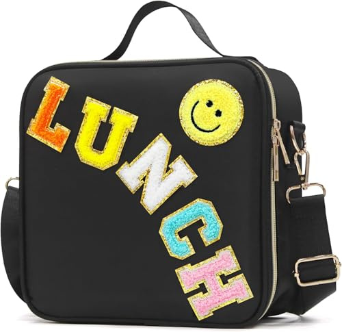 ZAKSTAR Insulated Lunch Bag for Kids and Women - Large Preppy Lunch Bag with Adjustable Shoulder Strap - Leakproof Girls Lunch Bag for School, Travel, Office, BBQ (Black)